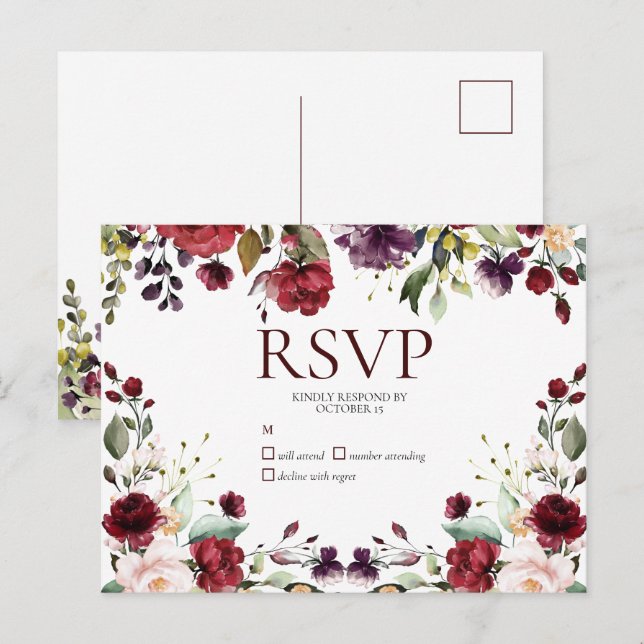 Burgundy Watercolor Floral Drop Sem Menu RSVP (Frente/Verso)