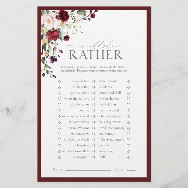 Burgundy Watercolor - Jogo de Chá de panela Floral (Frente)