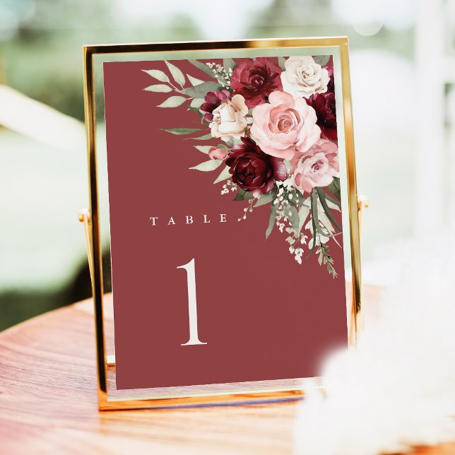 Burgundy Wedding Table Numbers, Blush Pink Floral (Burgundy blush floral wedding table number sign, elegant burgundy pink rose watercolor table decor)
