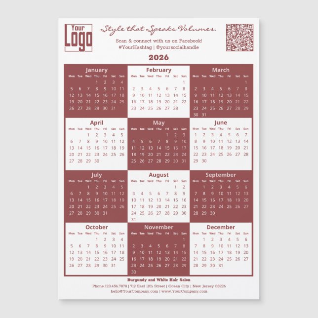 Burgundy White Logo QR-code 2026 Calendar Magnet (Frente)