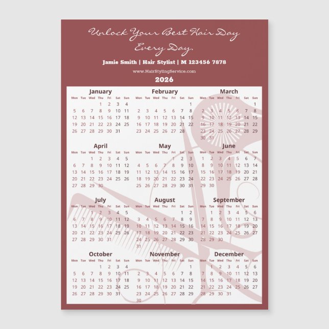 Burgundy White Salon Tools 2026 Calendar Magnet (Frente)