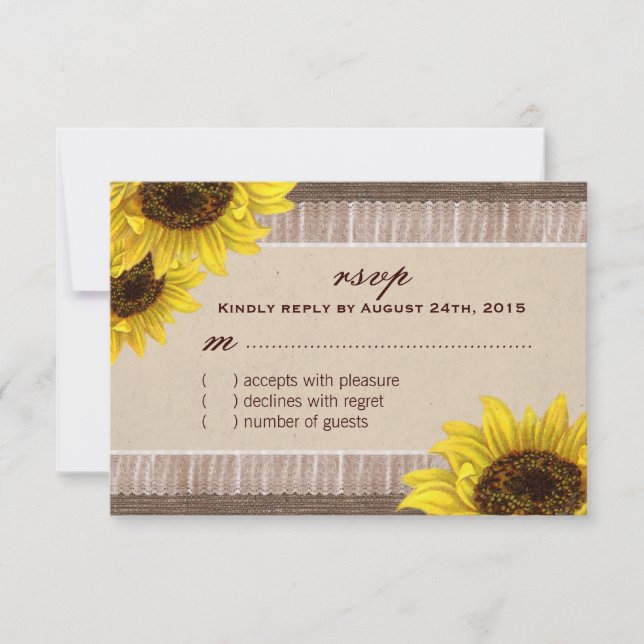 Burlap and Lace, Placas RSVP de Girassol (Frente)