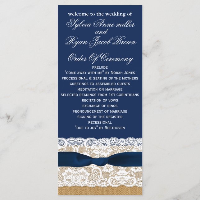 Burlap FAUX, programas de casamento apressados, du (Frente)