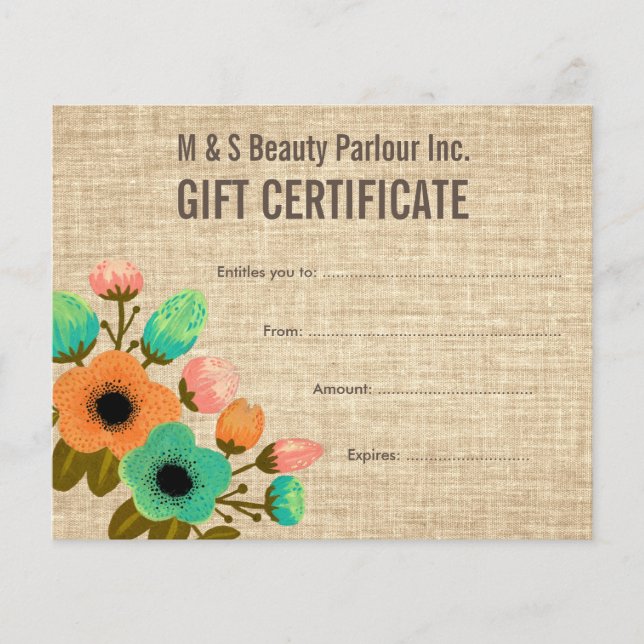 Burlap Floral Salon Gift Certificate Modelo (Frente)