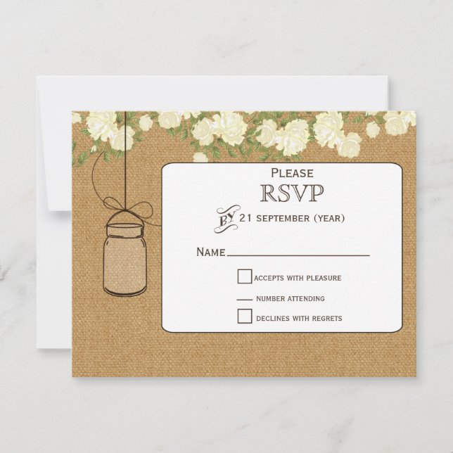 burlap ivory rosas mason jars casamento RSVP (Frente)