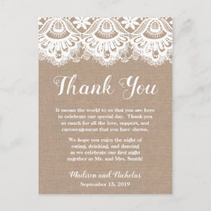 Burlap Lace Weding Setting Obrigado Cartões