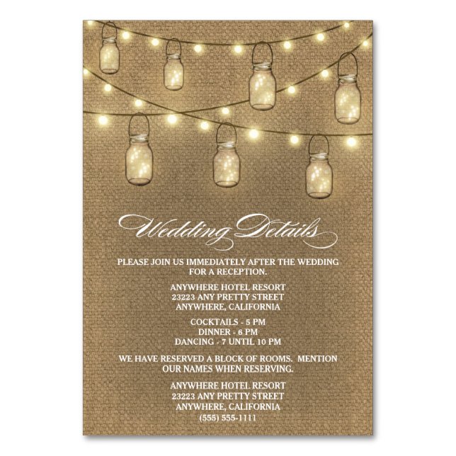 Burlap Mason Jar Recepção de casamento + Cartões D (Frente)