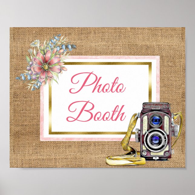 Burlap Pink Foto Floral Booth Sinal Poster (Frente)