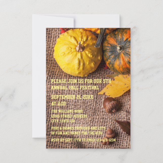 Burlap & Pumpkins - Convite de Festa de Outono 3x5 (Frente)