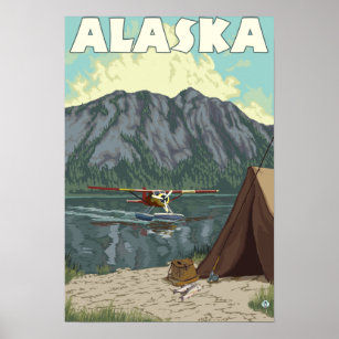 Bush Plane and Fishing Vintage Travel Poster