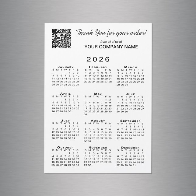 Business Obrigado Código QR 2026 Calendar Magnet (Business Thank You QR Code 2026 Calendar Magnet in situ)