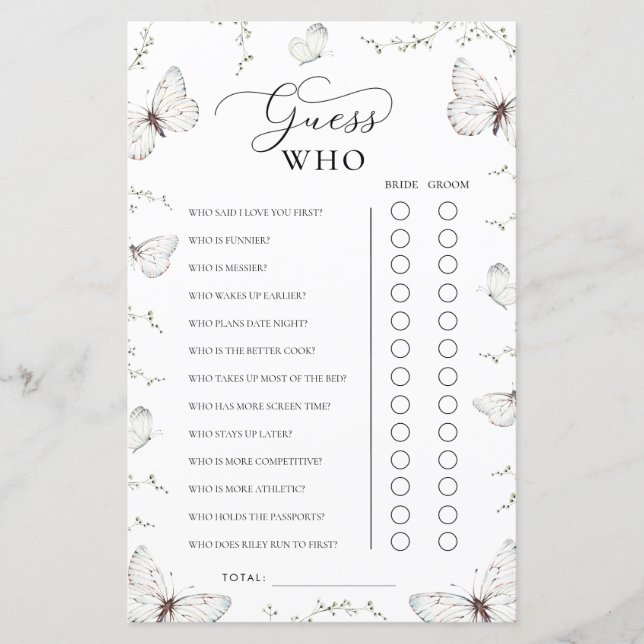 Butterfly Garden Bridal Shower Guess Who Game (Frente)