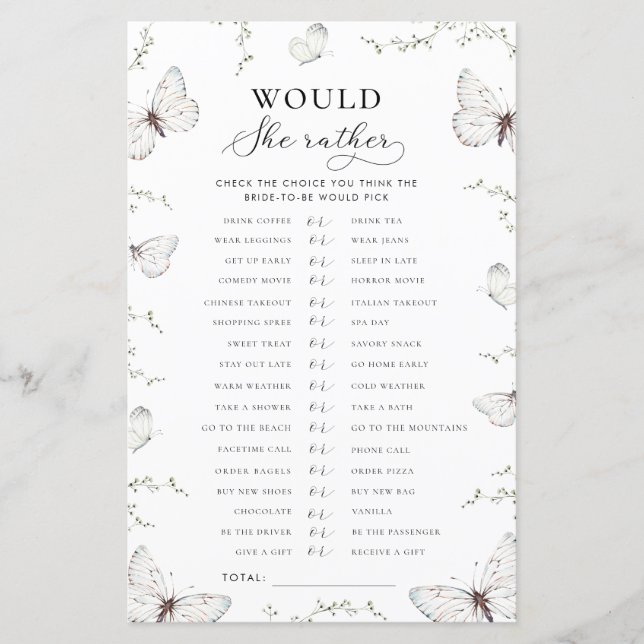 Butterfly Garden Bridal Would She Rather Game (Frente)