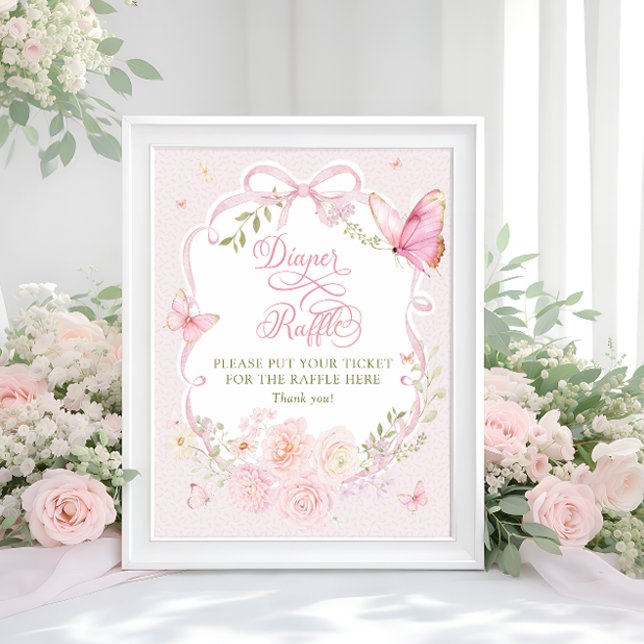 Butterfly Pink Bow Floral Diaper Raffle Poster (Criador carregado)