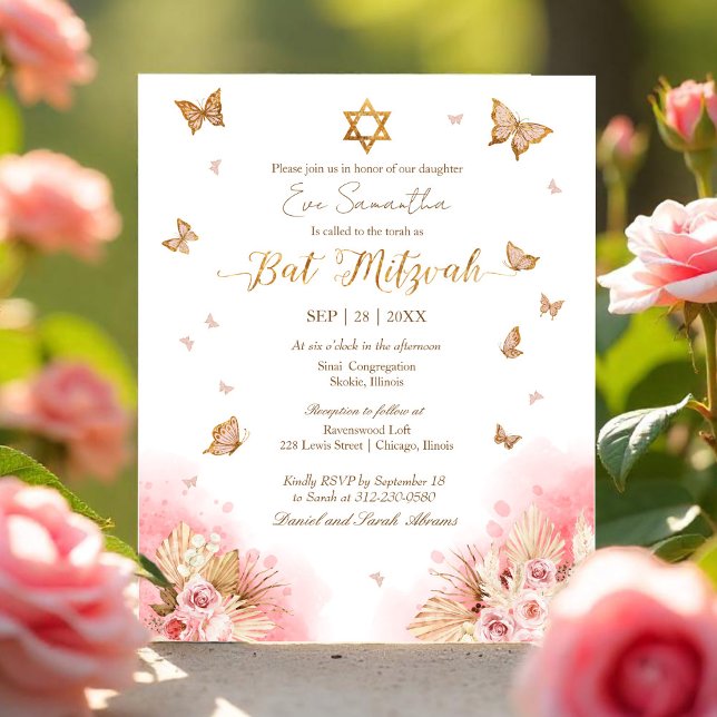 Butterflys Gold Foil Bat Mitzvah Orçamento Convite (Criador carregado)