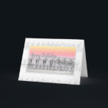 Cabana da praia do feliz aniversario no cartão do<br><div class="desc">Cabana da praia do feliz aniversario no cartão do por do sol.
Aperfeiçoe para amantes do mar e da praia.
O clique personaliza para mudar o nome.

Cornualha recolhida imagem,  Reino Unido.</div>