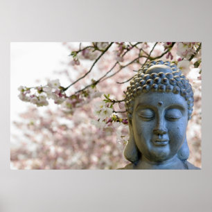 Cabeça de Buddha contra o poster das flores de