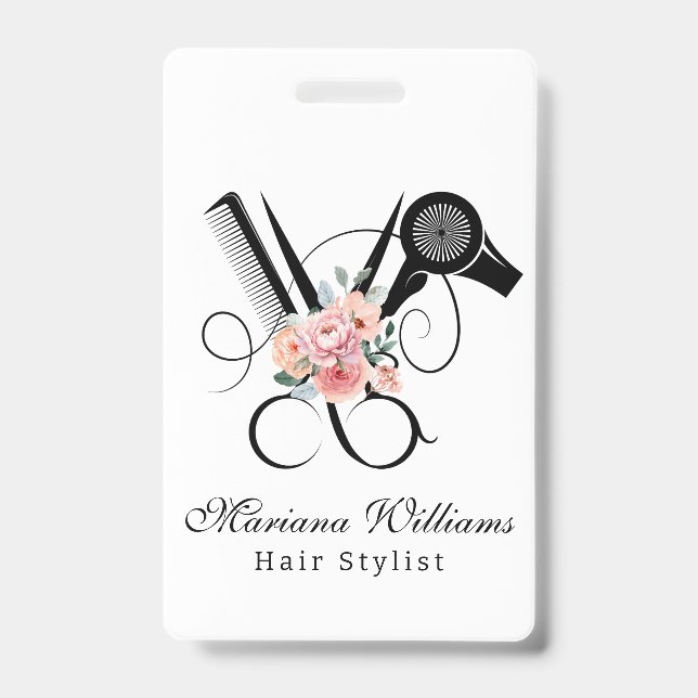 cabeleireiro barbeiro floral Tesoura crachá (Frente)