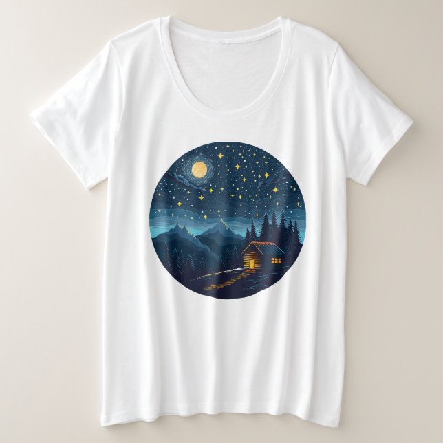 Cabina Noturna Cozy Sob Camisa T De Céu Estrelado (Frente do Design)