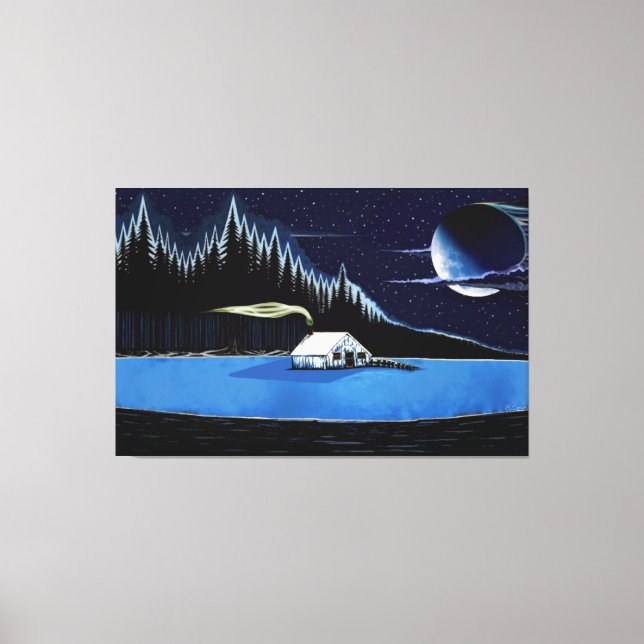"Cabina perto do lago" Stretch Canvas Print. (Frente)