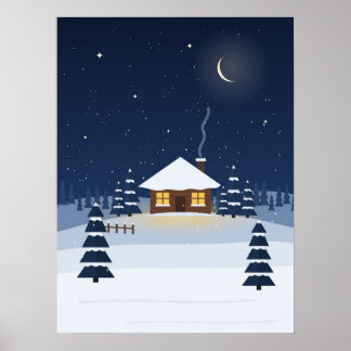 Cabine de Inverno à Noite Poster de Natal Estrelas