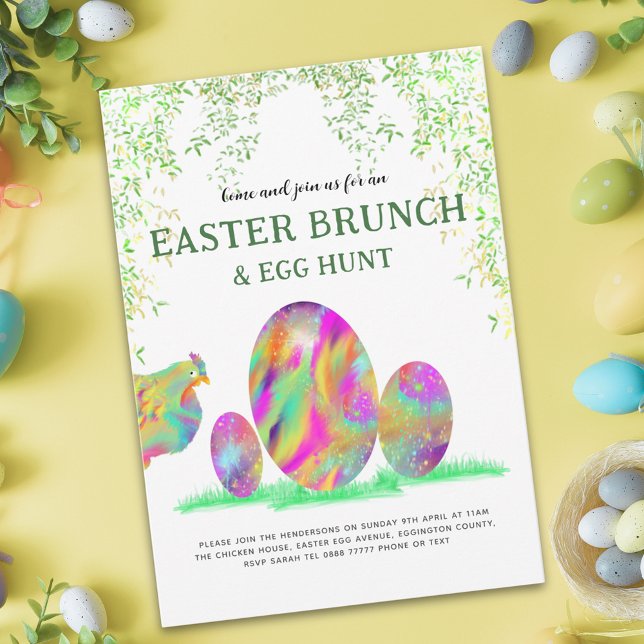 Caça aos Ovos de Páscoa Brunch Aquarela Frango Fof (Easter egg hunt brunch cute chicken colorful watercolor spring garden party budget  invitation)