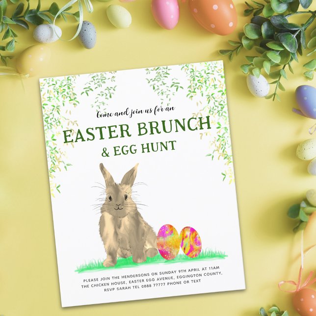 Caça de Ovos e Brunch da Páscoa (Easter brunch egg hunt cute bunny watercolor colorful eggs spring garden party budget invitation)