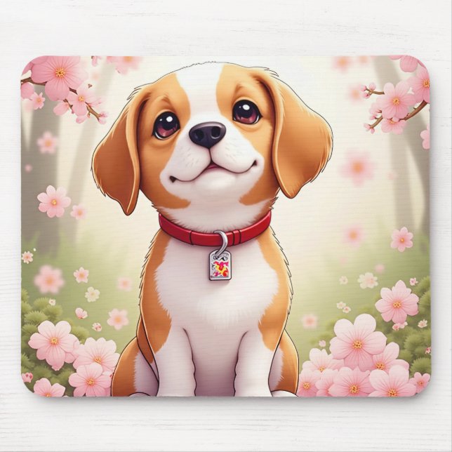 Cachorro adorável e flores Mousepad (Frente)