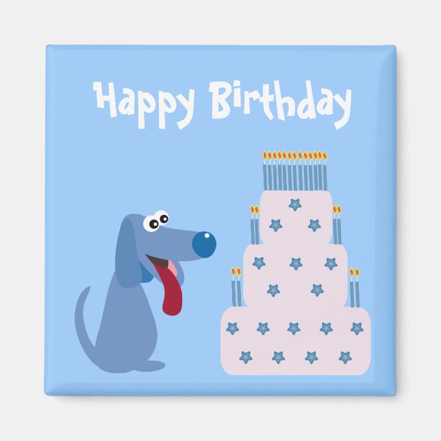 Cachorro azul bonito e íman de bolo de aniversário (Frente)