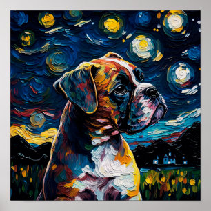 Cachorro Boxpy Starry Night Van Gogh Style Poster