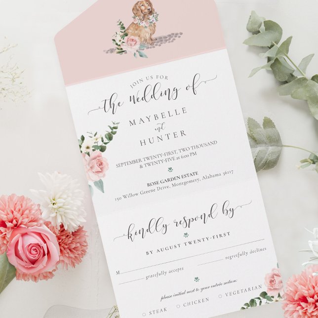 Cachorro-Cachorro Espanhol e Rosa Rosa Rosa Rosa F (Watercolor Cocker Spaniel Dog & Floral Pink Rose All In One Invitation)