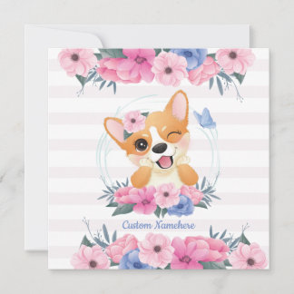 Cachorro Corgi Fofo Coroa de Flores Borboleta Azul