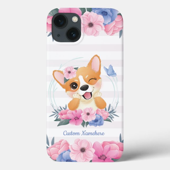 Cachorro Corgi Fofo Coroa de Flores Borboleta Azul (Verso)