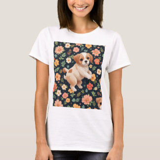 cachorro de flor, de pé, mulher T-shirts
