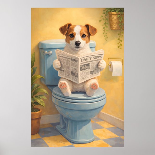 Cachorro Engraçado Lendo Poster de Banheiro, Humor (Frente)