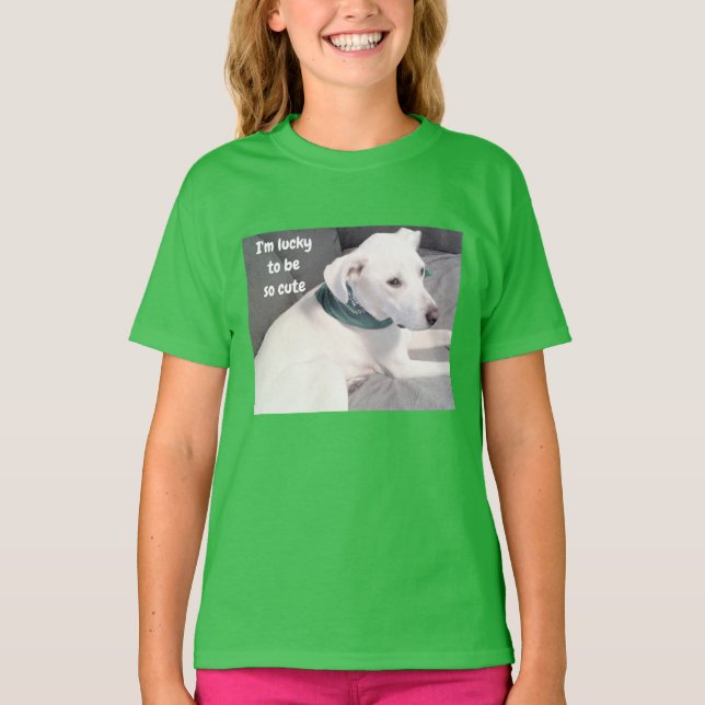 Cachorro Feliz Vestindo T-Shirt Verde Com Sorte De (Frente)