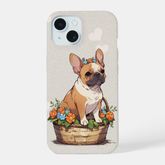 Cachorro francês giro num cesto com coroa de flore