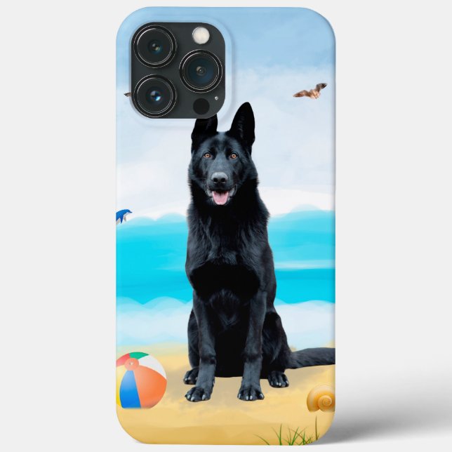 Cachorro German shepherd Negro na praia (Verso)