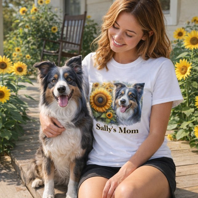 Cachorro Mãe Fronteira Collie T-Shirt (Summer style "Dog Mom" sunflower and border collie T-shirt. )