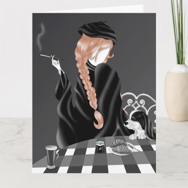 Cachorro & Mulher no café Cartão de Boas Festas Ca (Frente)