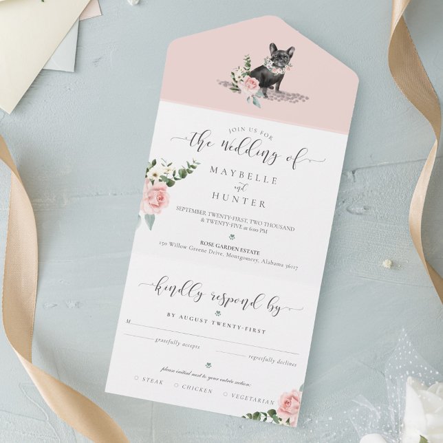 Cachorro Negro e Rosas Florais (Watercolor Black French Bulldog Dog & Floral Roses All In One Invitation)