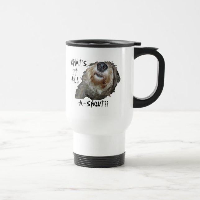 Cachorro "O QUE É TUDO UM NEVE?" Caneca de viagem (Direita)