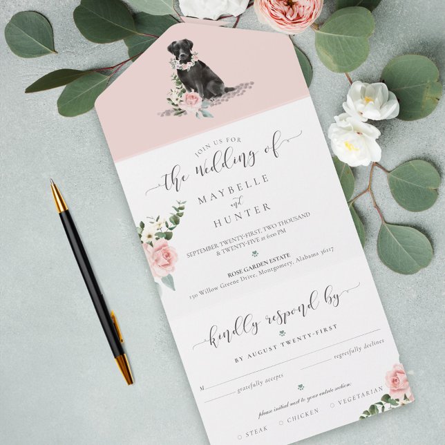 Cachorro Preto Labrador e Rosa Rosa Rosa Rosa Flor (Watercolor Black Labrador Dog & Floral Pink Rose All In One Invitation)