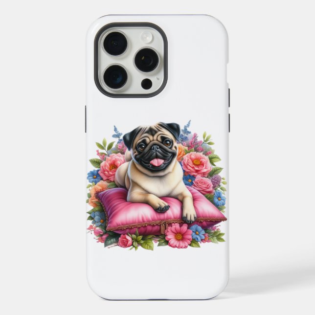 Cachorro Pug em uma Almofada com Flores em Aquarel (Verso)