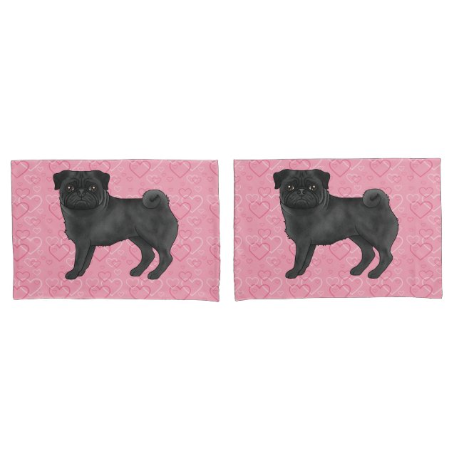 Cachorro Pug Preto Desenho Animado Padrão de Coraç (Frente - conjunto)
