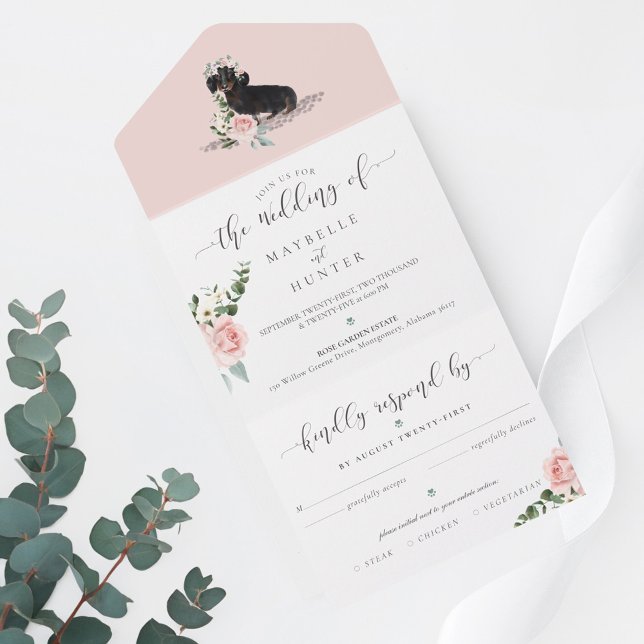 Cachosil castanho-marrom e rosa-rosa-rosa (Watercolor Brown Dachshund Dog & Floral Pink Rose All In One Invitation)