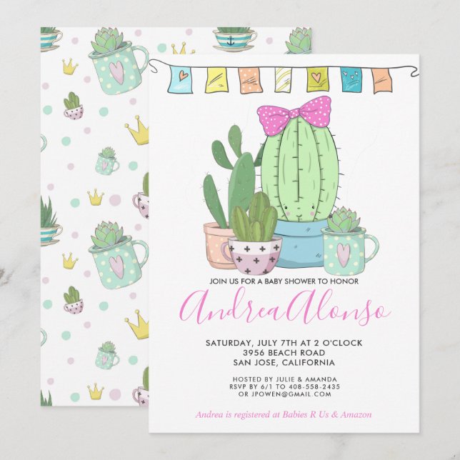 Cactus Bebê Menina | Convite para Chá de Bebê (Frente/Verso)