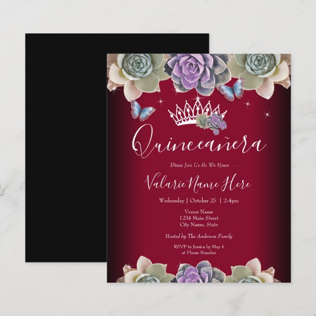 Cactus e Butterfly Elegante Quinceanera Invitation (Frente/Verso)