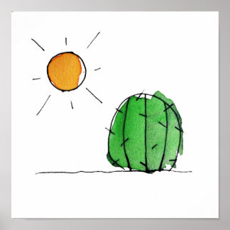 Cactus e Sun Watercolor Impressão