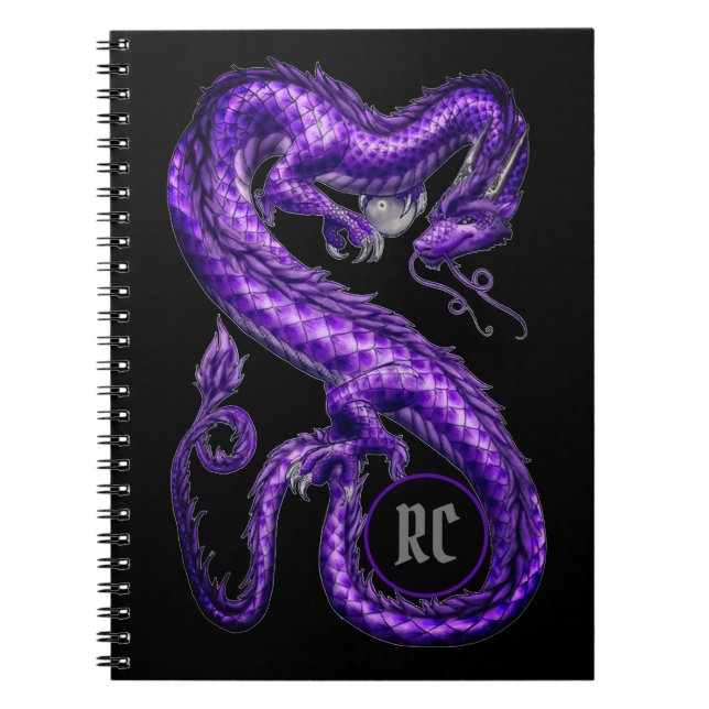 Caderno asiático roxo Monogrammed do dragão (Frente)
